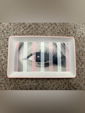 Decorative Ceramic Trinket Tray with Pink Trim and Striped Eye Graphic